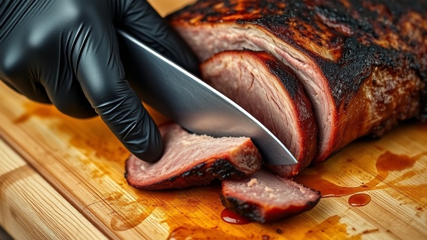 Close-up of smoked meats being sliced, highlighting culinary experiences and community events.