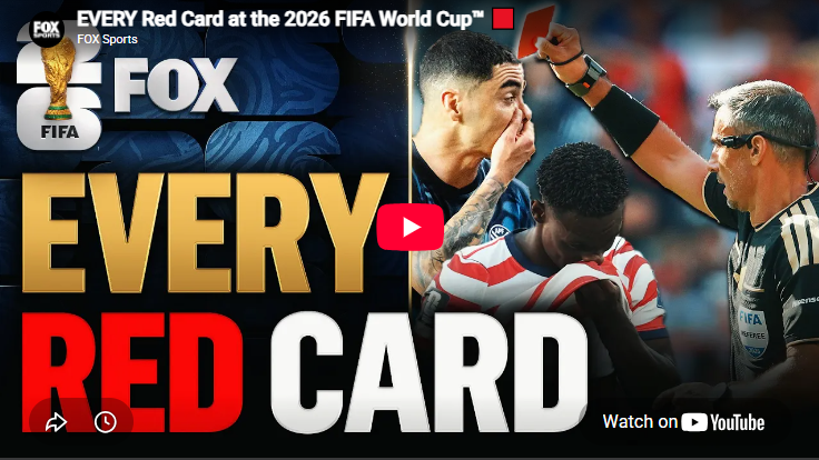 Red card being issued at the 2026 FIFA World Cup football match.