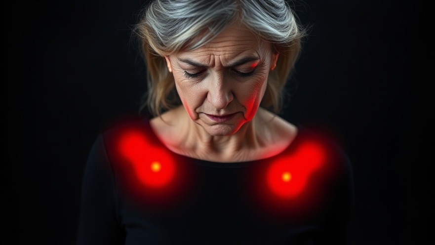 Concerned woman with glowing pain spots, illustrating fibromyalgia immune disorder symptoms.