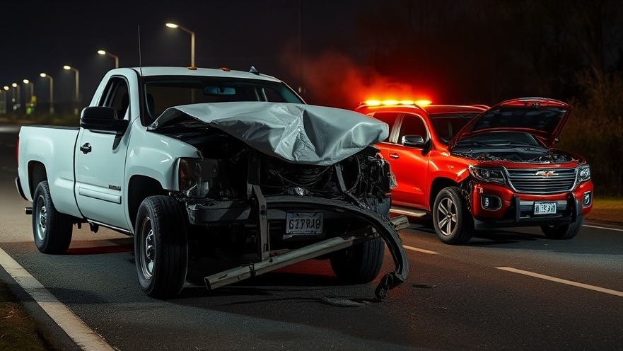 Wrecked white pickup truck and red car on Houston roadside, night traffic news.