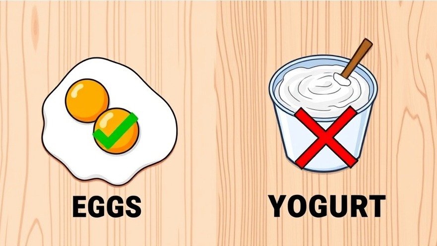 Comparative health illustration of fried eggs vs yogurt emphasizing anti-aging nutrition choices.