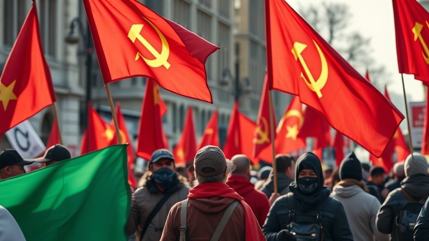 Protestors carrying communist flags during a national news event on current events in the US.