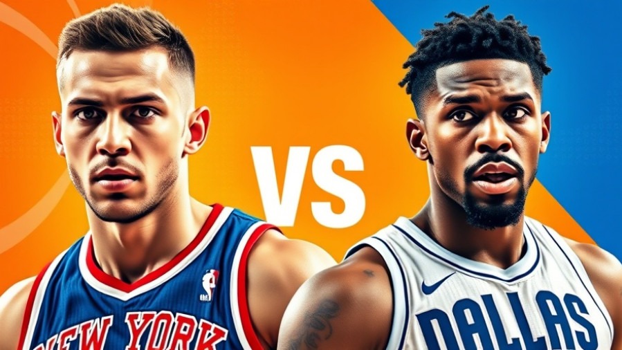 Dynamic NBA game recap poster: Knicks vs Mavericks rivalry, vibrant colors and intense action.