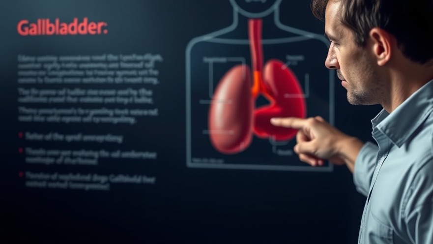 Focused male pointing at gallbladder illustration for digestive health awareness.