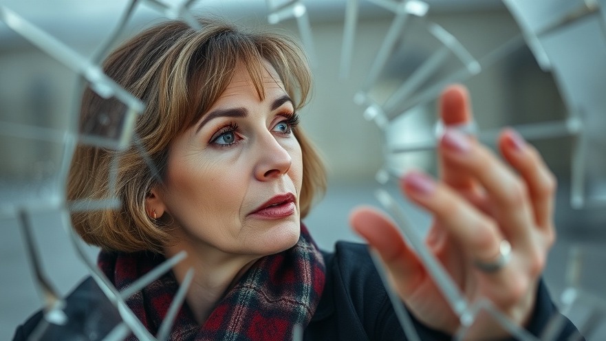 Middle-aged woman reflecting on mental health support through shattered glass.