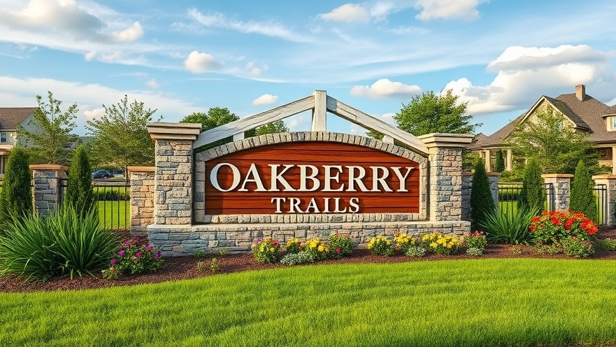 Charming entrance sign 'OAKBERRY TRAILS' highlighting amenity rich communities for business growth in Waller.