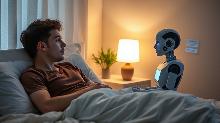 Young man in bed engaging with a female AI chatbot, exploring emotional connection with AI.