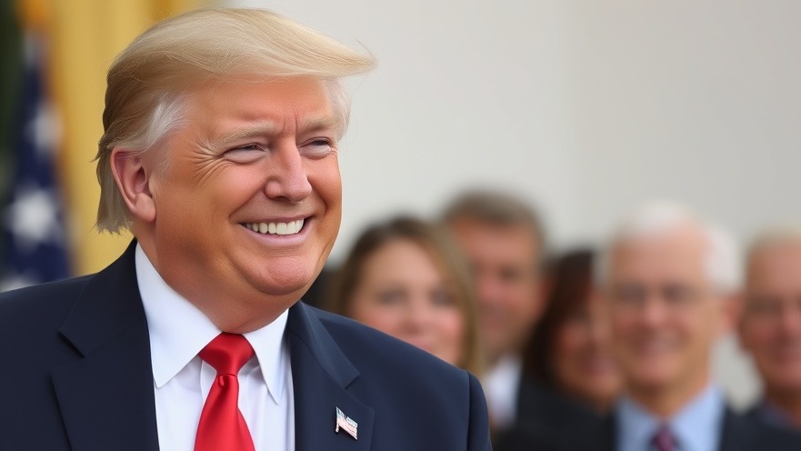Trump smiling amid national news headlines on foreign aid cuts and public broadcasting funding.