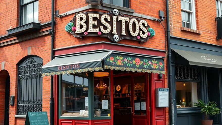 Charming cafe facade in San Antonio, featuring vibrant 'BESITOS' signage and detailed ironwork.