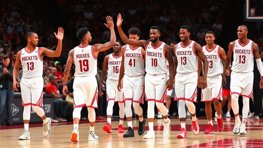 Houston Rockets players celebrate in white uniforms post NBA game highlights.