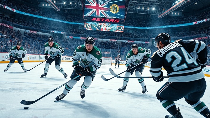 Dallas Stars players in action during a dynamic NHL game, showcasing intensity and sharp colors.