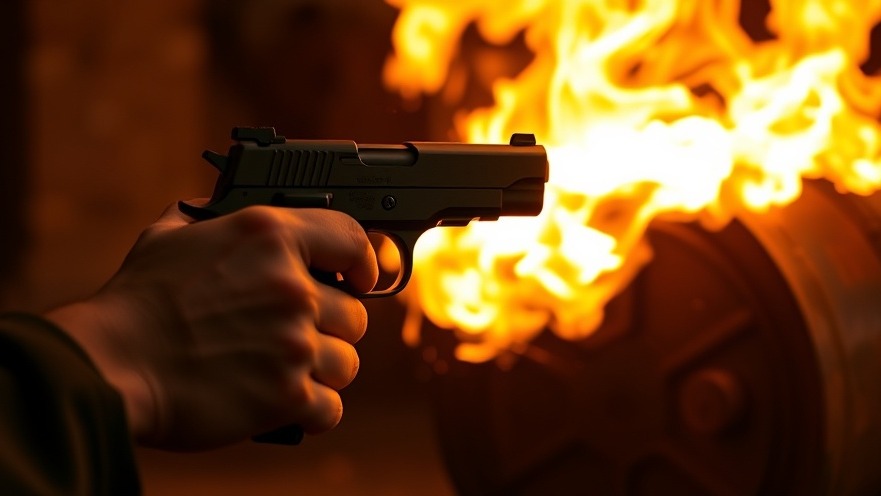 Hand holding a pistol with fire blazing from the barrel, related to Austin news crime.