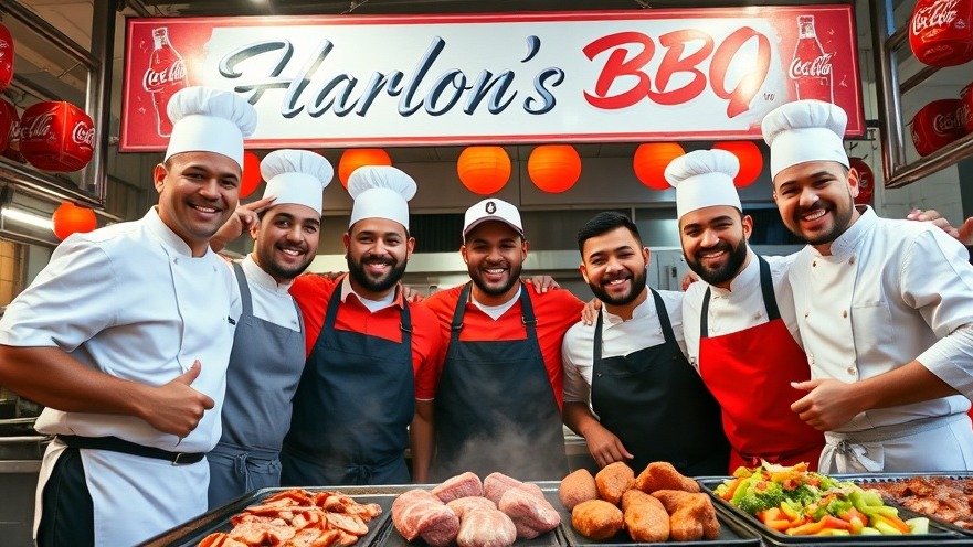 Cheerful chefs at Harlon's BBQ highlighting community support events in Houston rodeo.
