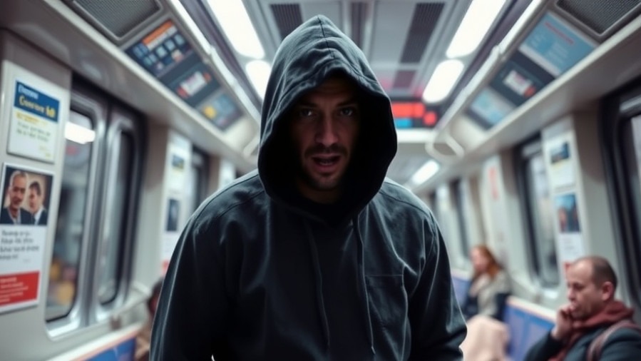 Concerned passengers at METRO rail platform as man in hoodie causes alarm.