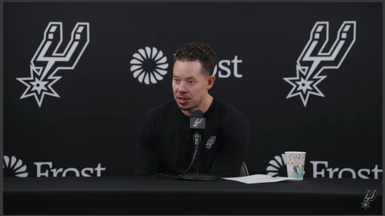 San Antonio Spurs news: Player dunking and coach at press conference.
