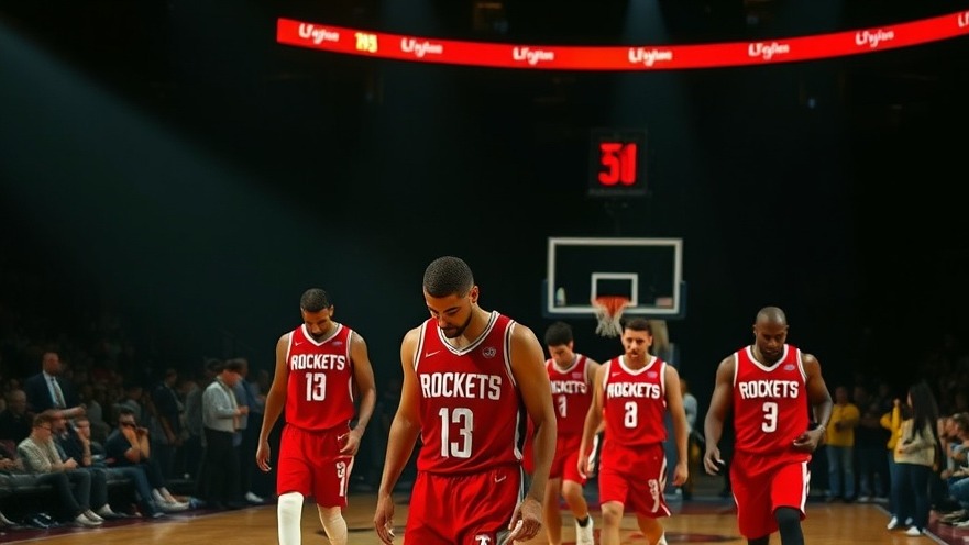 Houston Rockets players in red uniforms walking off court, reflecting local sports updates.