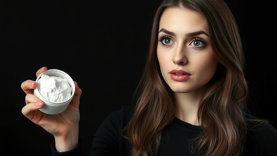 Concerned young woman pointing at collagen powder, highlighting collagen and exercise benefits.