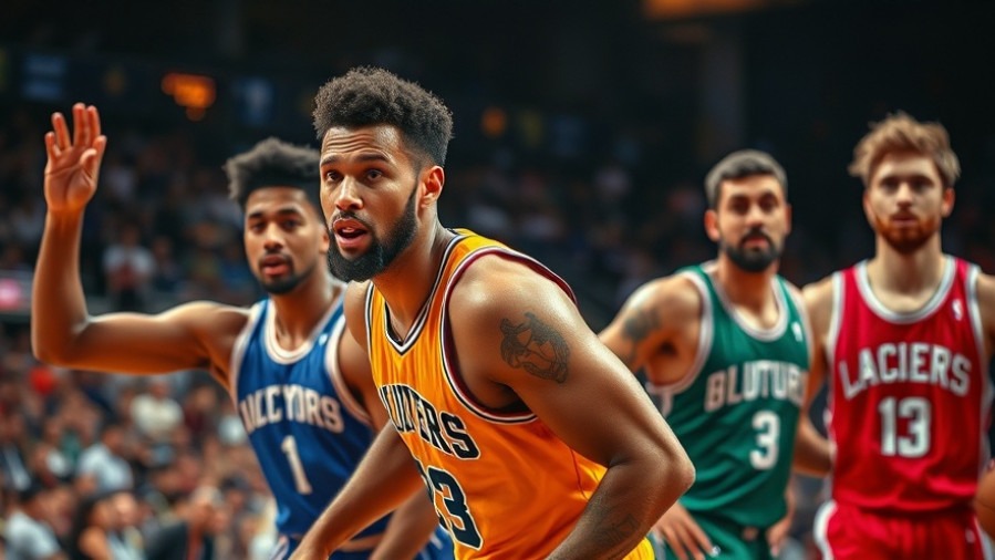 Dynamic NBA players showcasing top plays and sports highlights in a vibrant arena.