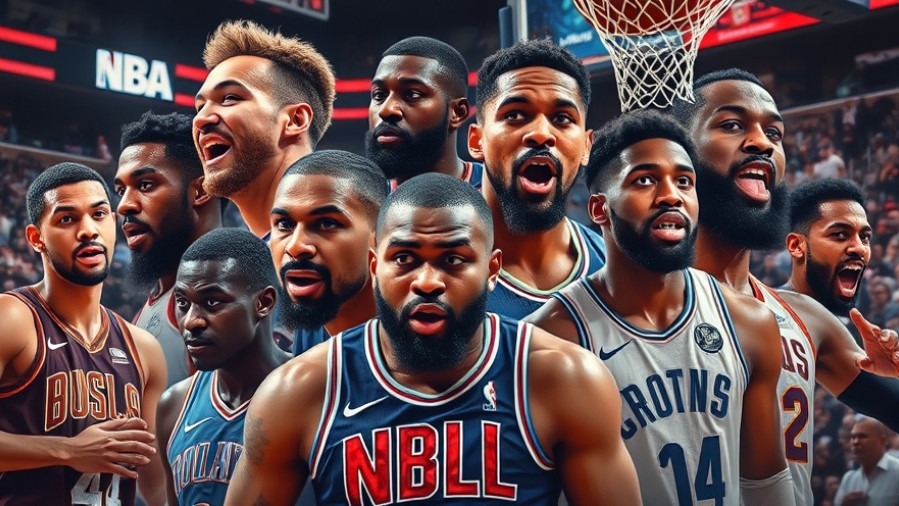 Vibrant collage of NBA players in action, showcasing basketball highlights.