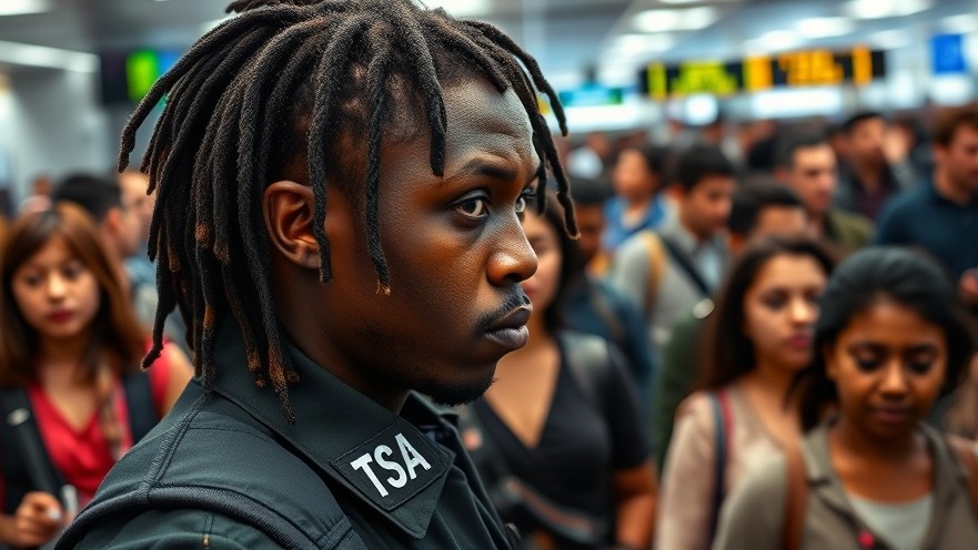 Determined TSA worker monitors airport security amid bustling travelers.