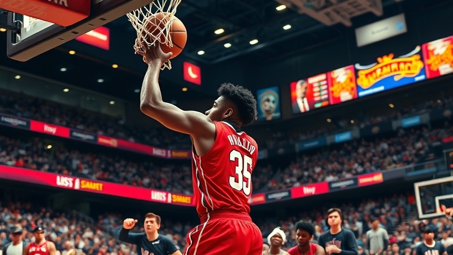 Dynamic young black male basketball player showcasing NBA highlights in a vibrant stadium.