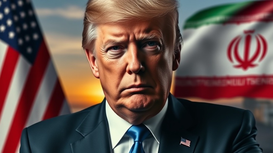 Dynamic news graphic depicting Trump amid U.S.-Iran relations tensions, oil rig backdrop.