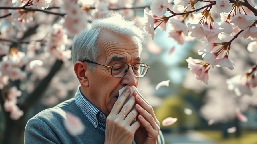 Older man with glasses sneezing in a blooming cherry blossom park; highlights dietary antioxidants for health.