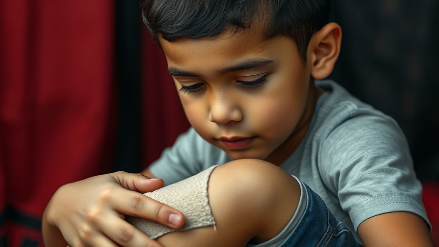 Young Hispanic boy examines his bandaged knee, highlighting public safety news in San Antonio.