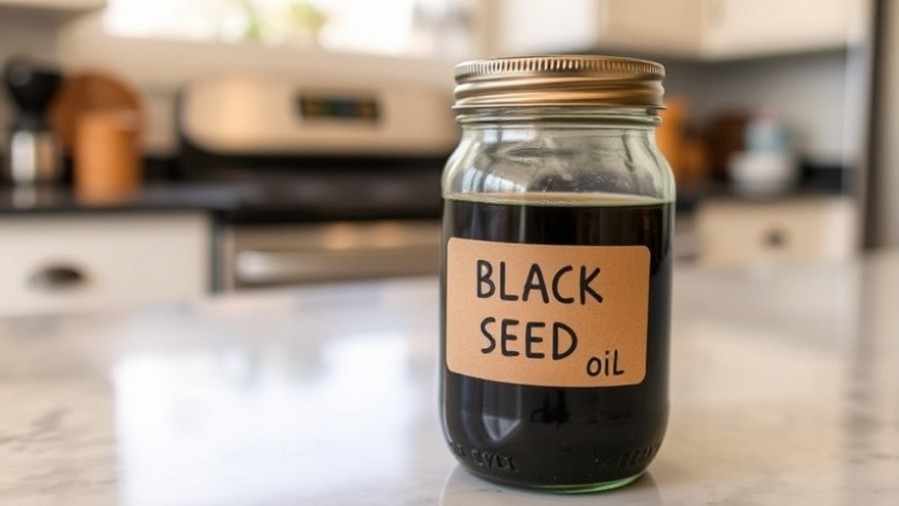 Black seed oil jar on kitchen counter, a natural supplement for sleep in seniors.