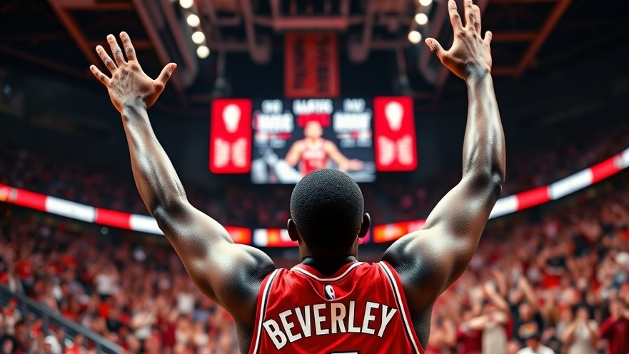 Photorealistic image of Houston basketball player Beverley celebrating victory in a vibrant stadium.