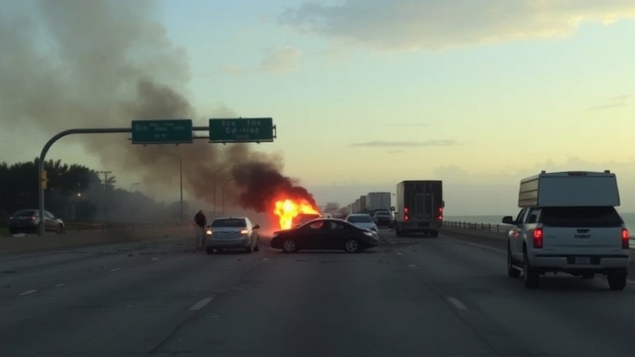 Highway crash scene on Galveston Causeway highlighting traffic safety and community impact.