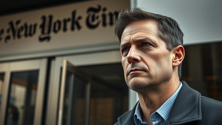 Thoughtful male figure outside The New York Times building, reflecting on press freedom U.S. policies.