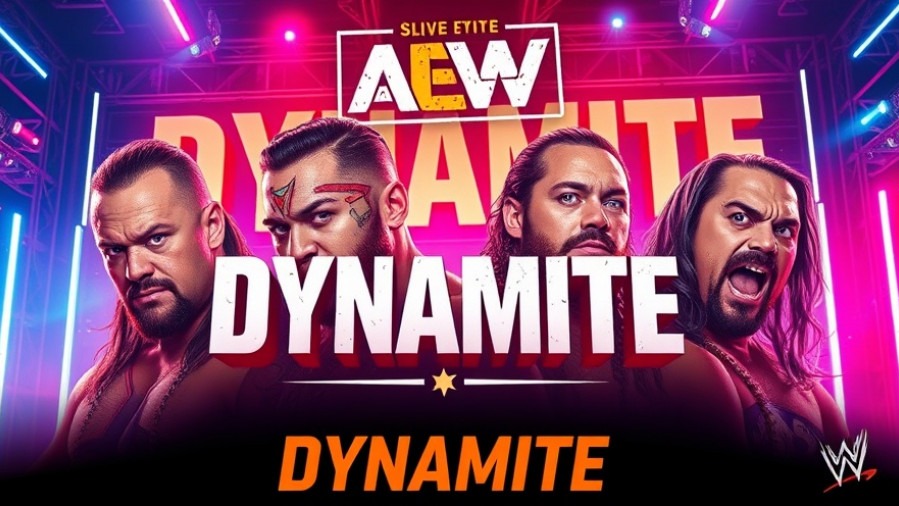 AEW Dynamite poster promoting tag team wrestling with intense wrestlers and vibrant colors.