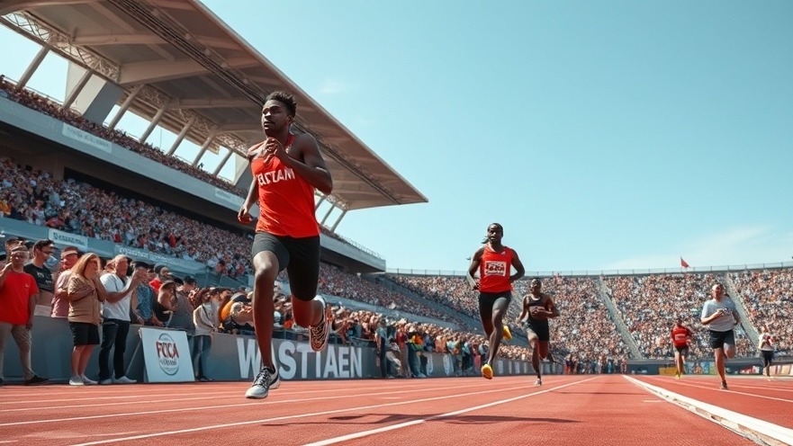 Sprinters dash down the track at Austin track events, with cheering crowds in the stands.
