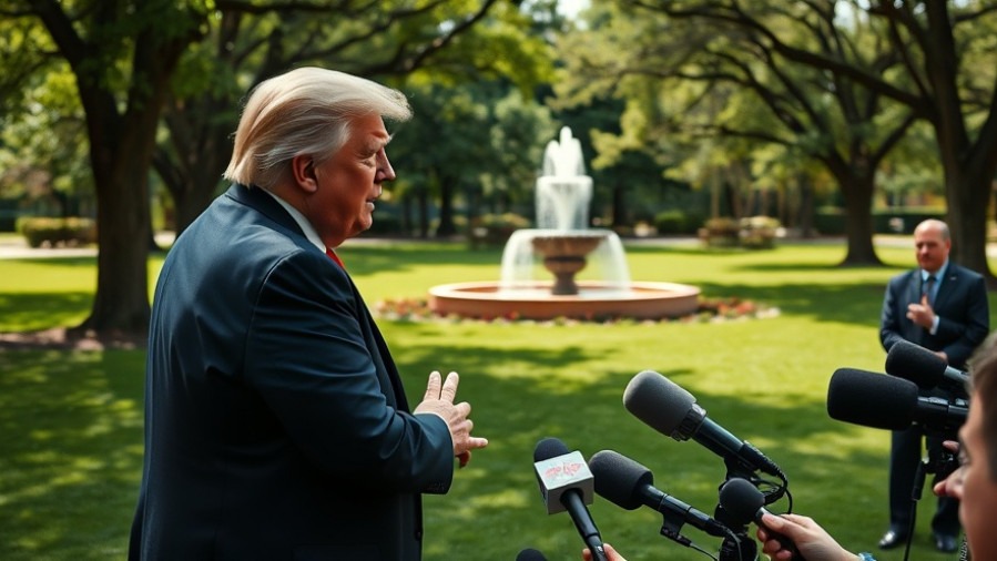 Trump addressing media on health concerns in a lush park setting.