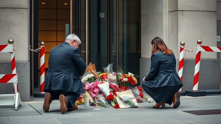 Solemn couple kneeling at a memorial, reflecting on mass violence reduction efforts.