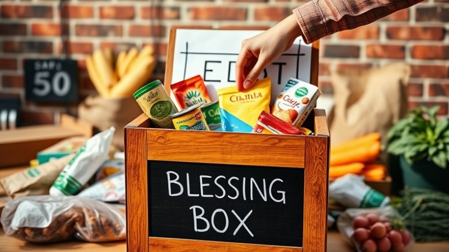 Community food support at a vibrant pantry with a Blessing Box and food items.