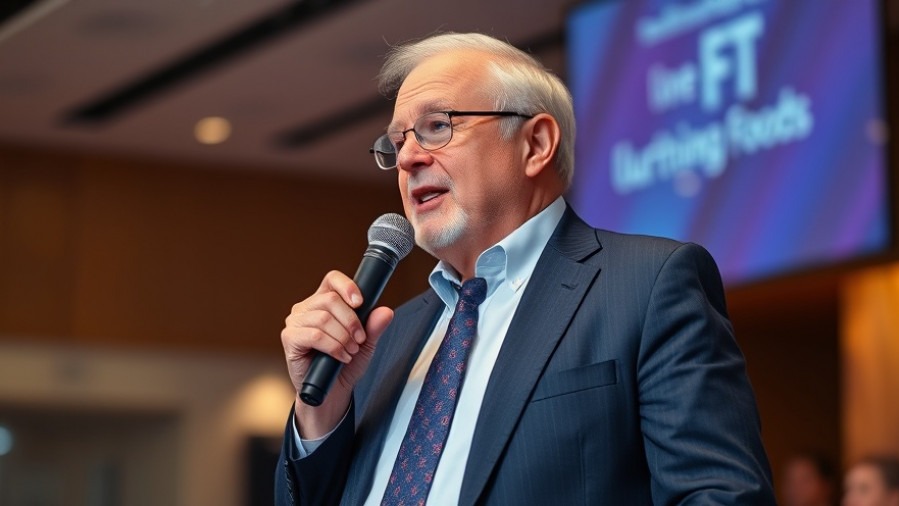 Distinguished older man sharing nutrition tips on ultra-processed foods at a conference.