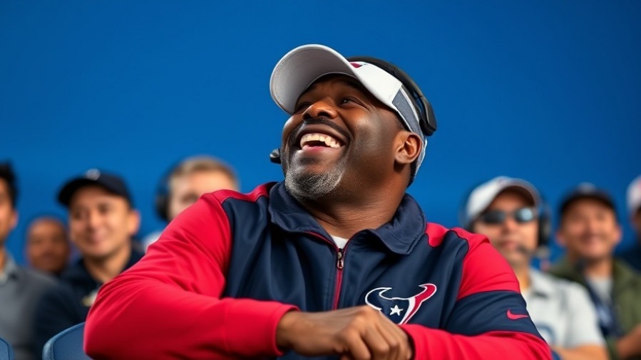 Coach Ryans laughing while watching Houston Texans football highlights, dynamic and vibrant.