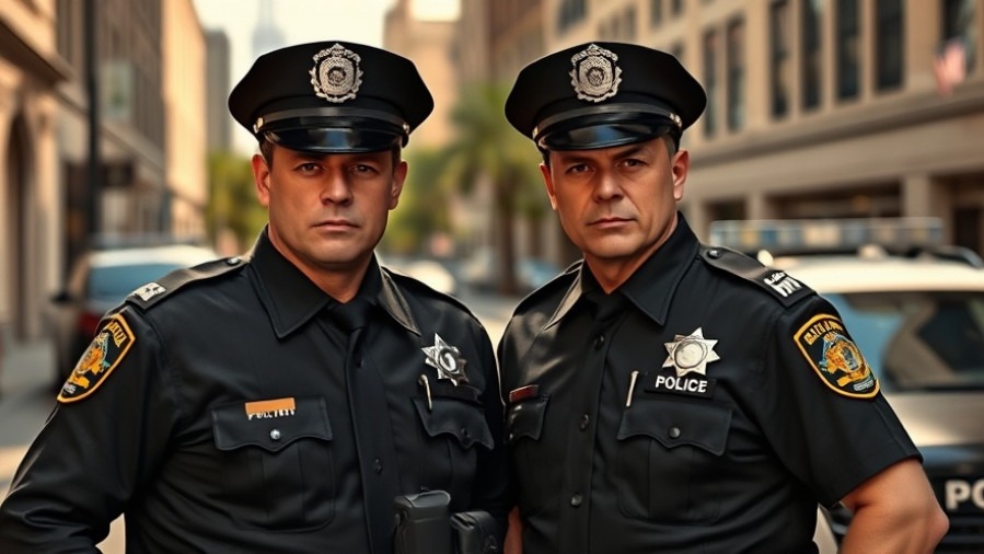 Two police officers ensure pedestrian safety in Austin, with an urban backdrop.