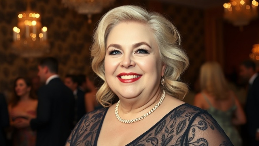 Chubby white woman with blond hair smiling at a gala, highlighting celebrity divorce news.