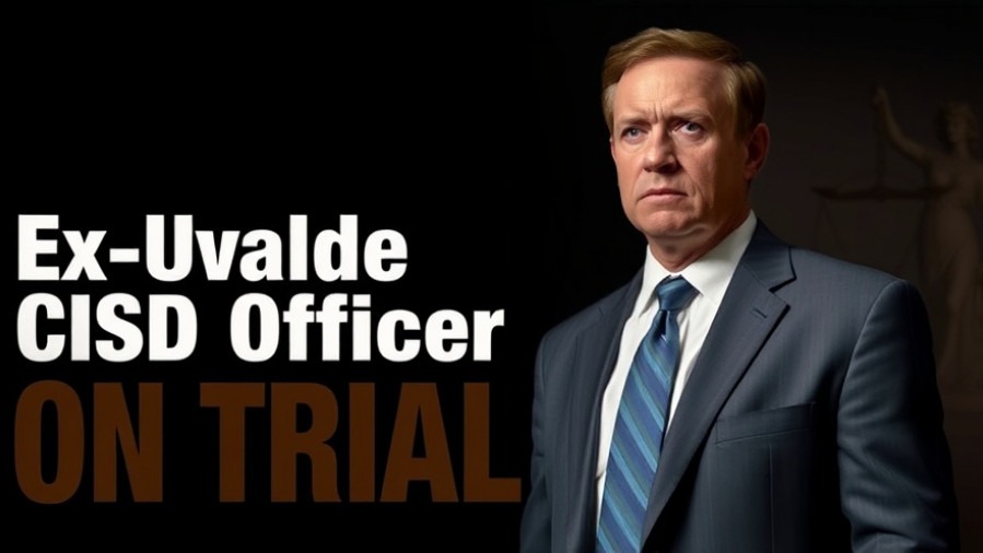 Solemn man in suit next to 'Ex-Uvalde CISD Officer On Trial' text, symbolizing Uvalde shooting trial.