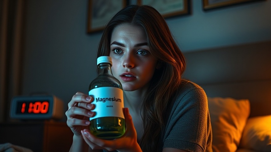 Focused young woman holding a 'Magnesium' supplement in a dimly lit room.