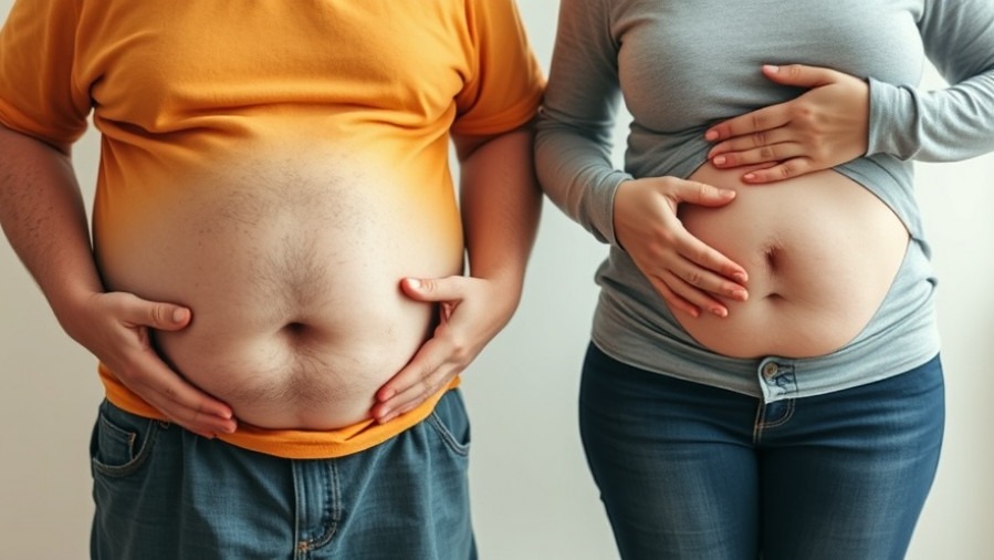 Obese man and woman holding their stomachs, showcasing health and wellness challenges.