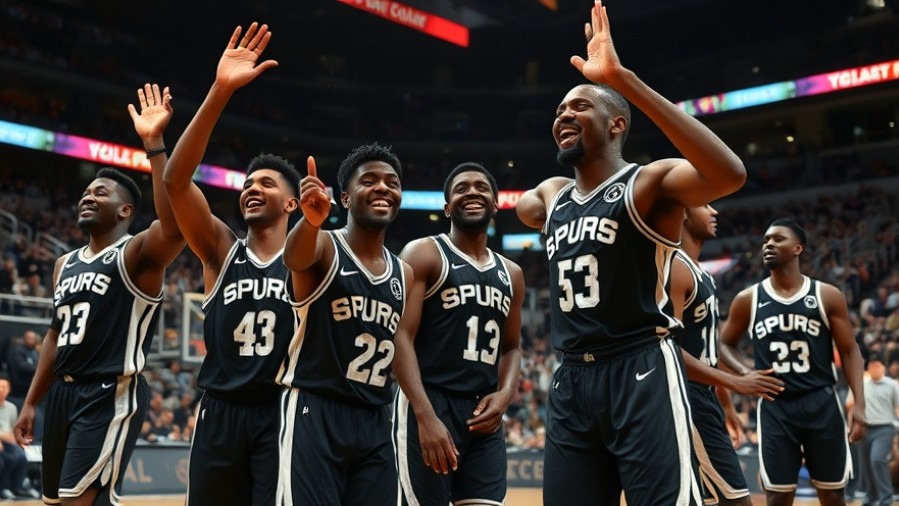Spurs highlights: Excited players celebrating NBA results in vibrant arena.