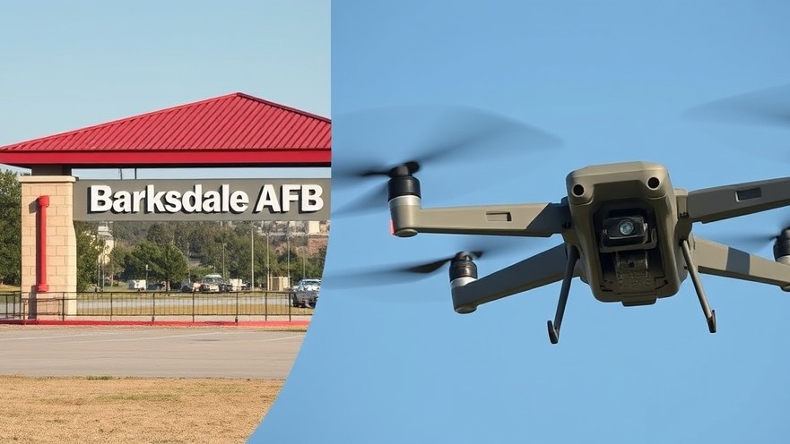 Photorealistic image of Barksdale AFB entrance sign with drone surveillance for national security.