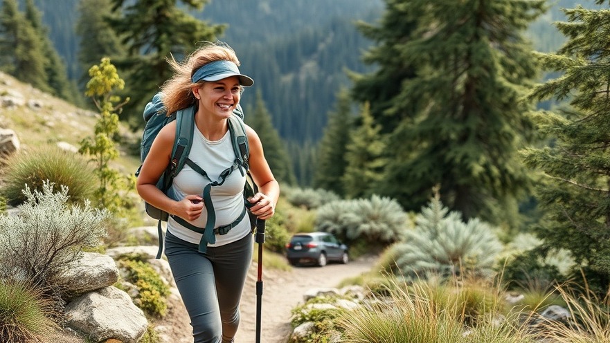 Middle-aged female hiker enjoying outdoor activity benefits for mental health.