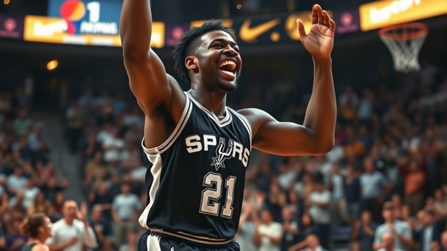 Energetic NBA highlights: black player in Spurs jersey celebrates, crowd cheers.
