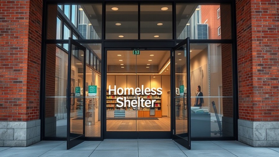 Modern homeless shelter entrance showcasing holistic wellness in a clean, bright city environment.