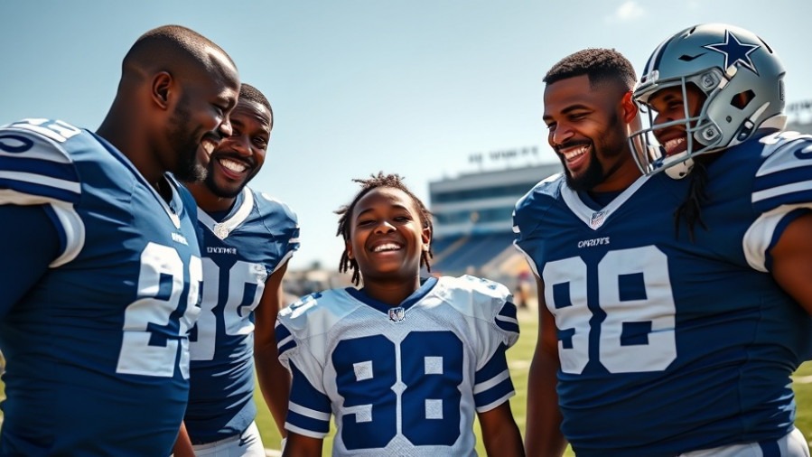 Joyful Cowboys players engaging with a young fan, highlighting community engagement with children's wishes.